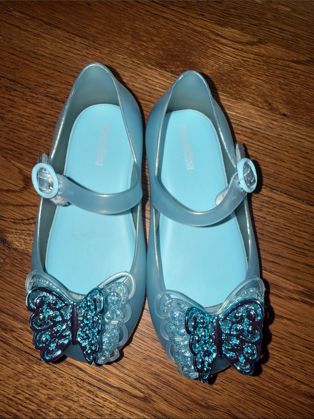 Mini Melissa Light Blue Jelly Mary Janes with Glitter Butterfly